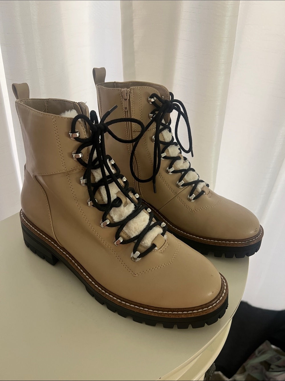 a new day Taupe Lace-Up Shearling Combat Boots with Black Laces